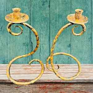 Pair of 14" Snake Serpent Scroll Camouflage Wrought Iron Candlestick Holders VTG